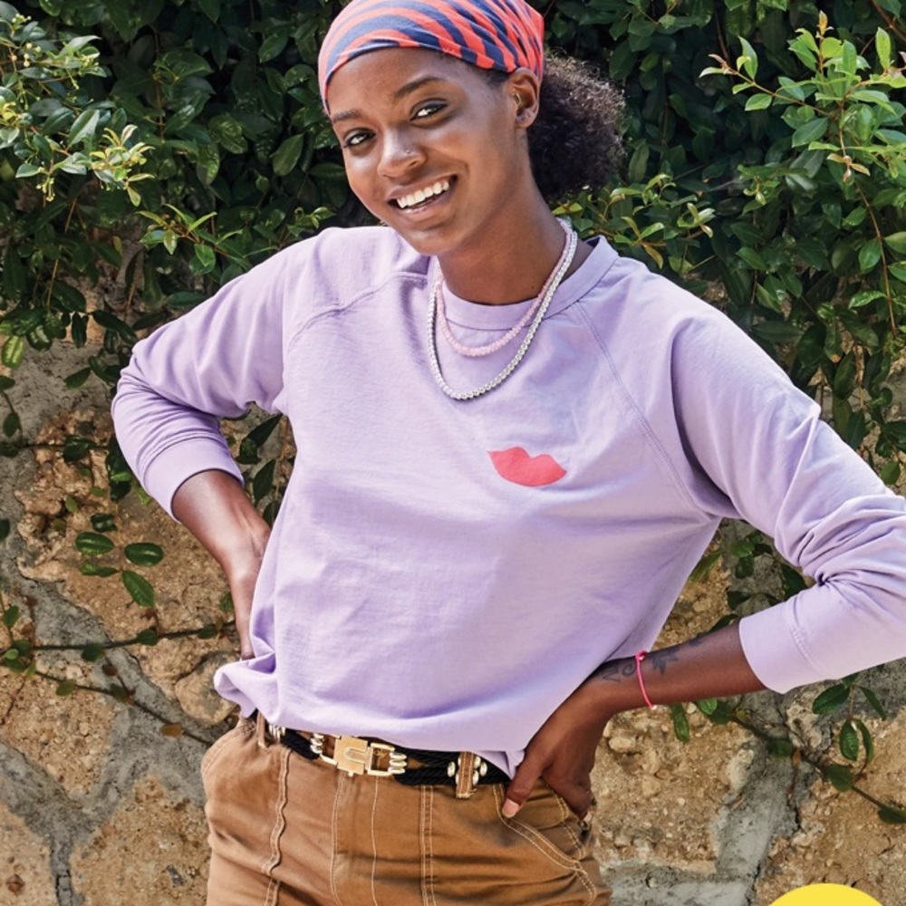 Clare V Lavender Crewneck Sweatshirt with Coral Lip Detail - Picture 6 of 10